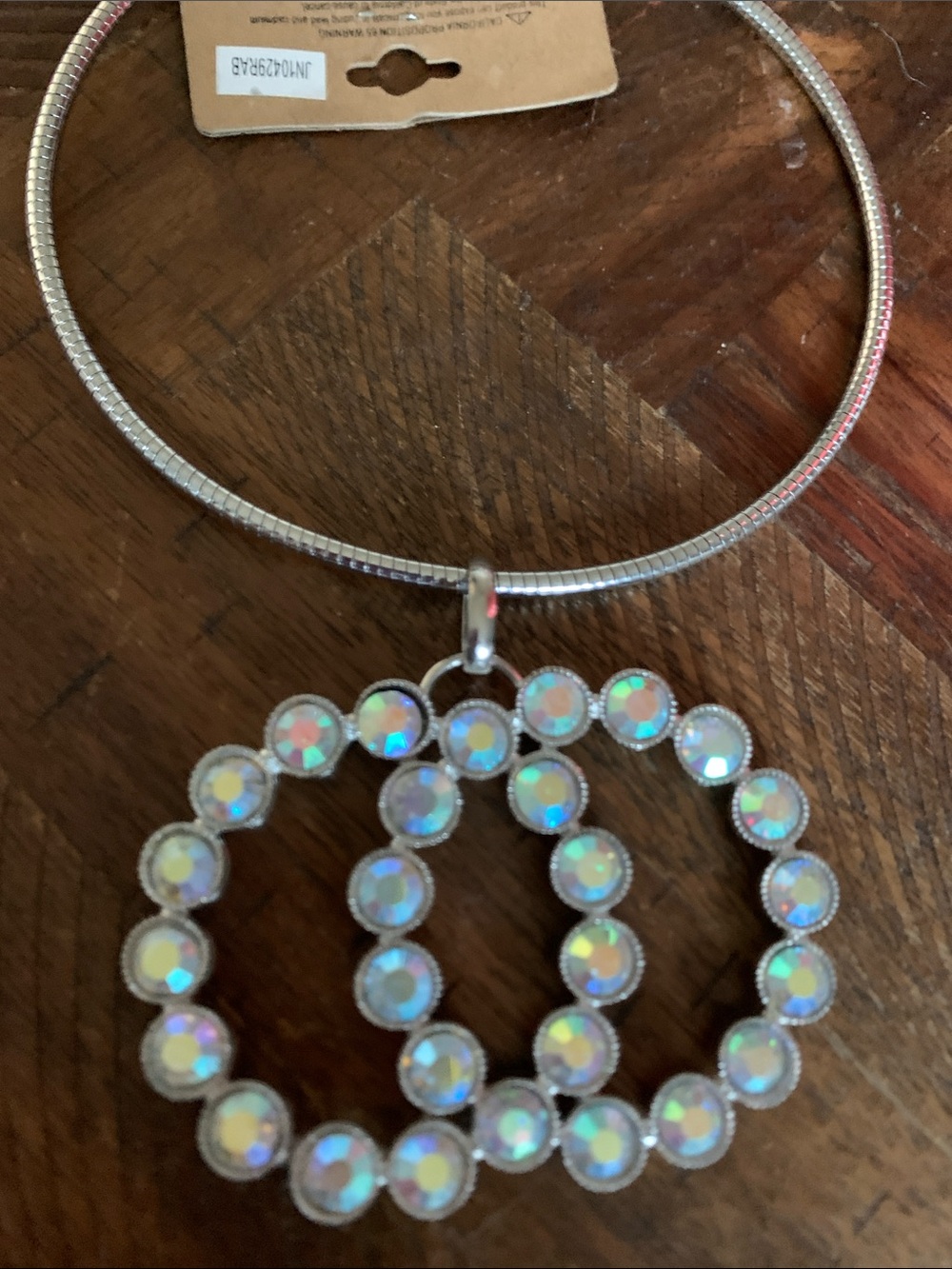 Silver-Tone Double Hoop Necklace with Iridescent White Crystals